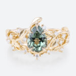 Pear Cut Green Sapphire​ Yellow Gold Nature Inspired Engagement Rings Set