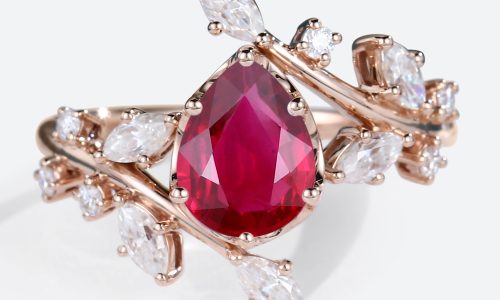 Pear Shaped Lab Ruby Engagement Ring Vintage Branch Design Ring in Rose Gold