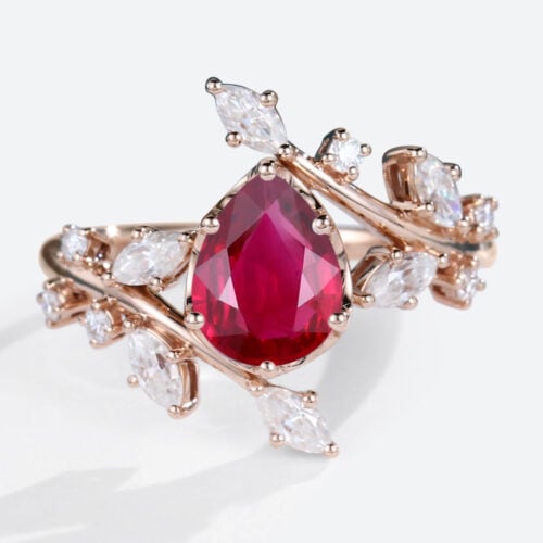 Pear Shaped Lab Ruby Engagement Ring Vintage Branch Design Ring in Rose Gold