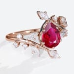 Pear Shaped Lab Ruby Engagement Ring Vintage Branch Design Ring in Rose Gold