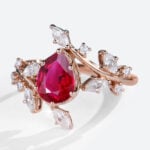 Pear Shaped Lab Ruby Engagement Ring Vintage Branch Design Ring in Rose Gold