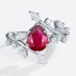 Pear Shaped Lab Ruby Engagement Ring Vintage Branch Design Ring in White Gold