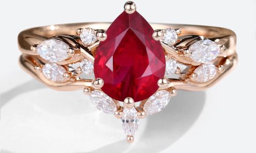 Rose Gold 1.2ct Pear Shaped Lab Grown Ruby Ring Sets with Curved Wedding Band