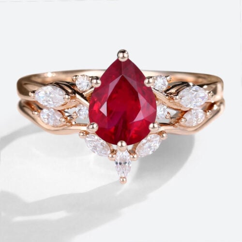 Rose Gold 1.2ct Pear Shaped Lab Grown Ruby Ring Sets with Curved Wedding Band