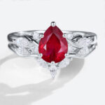 White Gold 1.2ct Pear Shaped Lab Grown Ruby Ring Sets with Curved Wedding Band