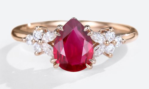 Lab Made Ruby Vintage Pear Shaped Engagement Ring Double Claw in rose gold