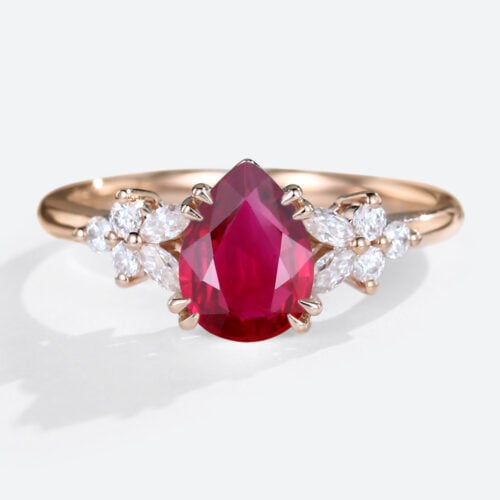 Lab Made Ruby Vintage Pear Shaped Engagement Ring Double Claw in rose gold