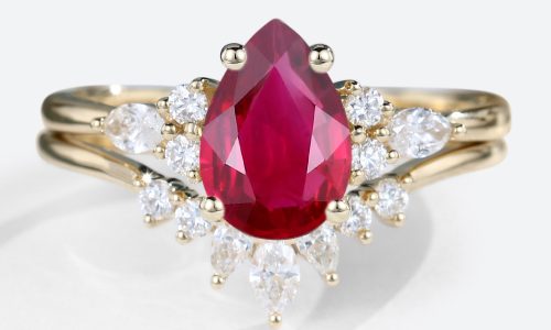 Yellow Gold 1.2ct Lab Grown Ruby Ring Set with Diamond Curved Wedding Band