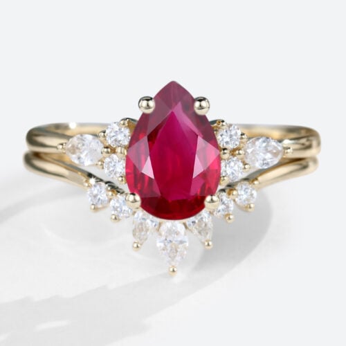 Yellow Gold 1.2ct Lab Grown Ruby Ring Set with Diamond Curved Wedding Band