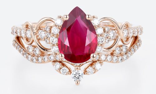 Rose Gold Pear Cut Lab Grown Ruby Ring Set 1.2ct Infinity Engagement Ring