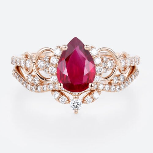 Rose Gold Pear Cut Lab Grown Ruby Ring Set 1.2ct Infinity Engagement Ring