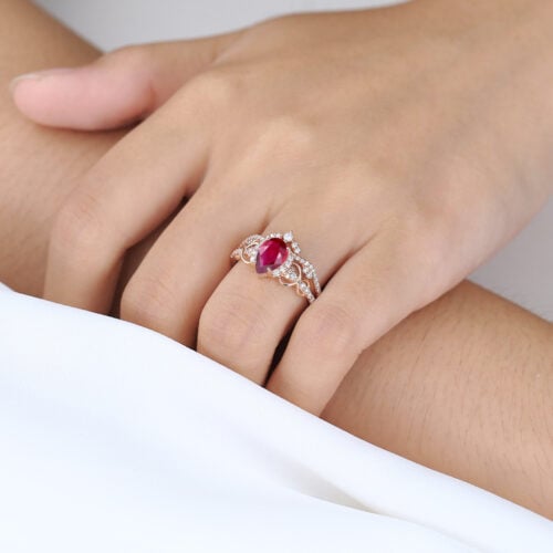 Rose Gold Pear Cut Lab Grown Ruby Ring Set 1.2ct Infinity Engagement Ring