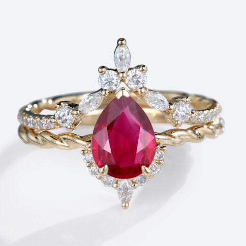 Womens Ruby Rings Vintage Pear Lab Ruby Engagement Ring Set in Yellow Gold