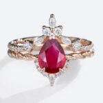 1.56ct Womens Ruby Rings Vintage Pear Lab Ruby Engagement Ring Set in rose Gold