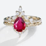1.56ct Womens Ruby Rings Vintage Pear Lab Ruby Engagement Ring Set in Yellow Gold