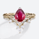 1.56ct Womens Ruby Rings Vintage Pear Lab Ruby Engagement Ring Set in Yellow Gold