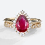 Yellow Gold 1.2ct Pear Shaped Lab Grown Ruby Rings Gold Vintage Halo Bridal Ring Set