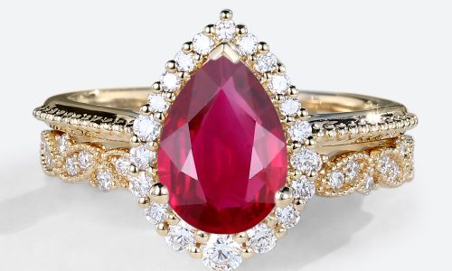Yellow Gold 1.2ct Pear Shaped Lab Grown Ruby Rings Gold Vintage Halo Bridal Ring Set