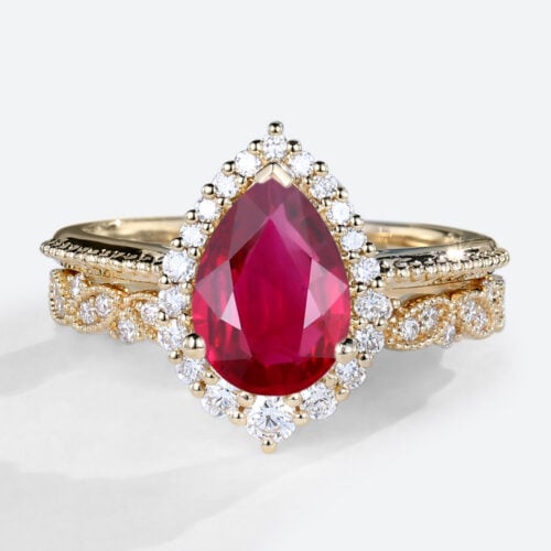 Yellow Gold 1.2ct Pear Shaped Lab Grown Ruby Rings Gold Vintage Halo Bridal Ring Set
