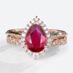 1.2ct Pear Shaped Lab Grown Ruby Rings Gold Vintage Halo Bridal Ring Set