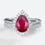 1.2ct Pear Shaped Lab Grown Ruby Rings Gold Vintage Halo Bridal Ring Set