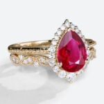 Yellow Gold 1.2ct Pear Shaped Lab Grown Ruby Rings Gold Vintage Halo Bridal Ring Set