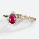 Yellow Gold 1.2ct Pear Shaped Lab Grown Ruby Rings Gold Vintage Halo Bridal Ring Set
