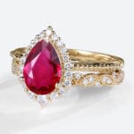 Yellow Gold 1.2ct Pear Shaped Lab Grown Ruby Rings Gold Vintage Halo Bridal Ring Set