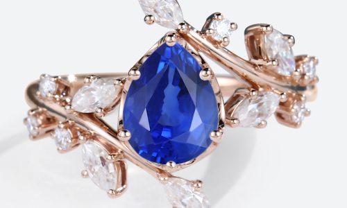 Pear Shaped Lab Sapphire Bypass Engagement Ring Nature-Inspired Bridal Ring in Rose Gold