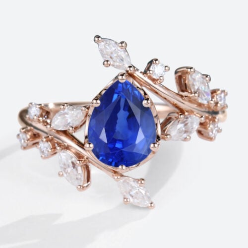 Pear Shaped Lab Sapphire Bypass Engagement Ring Nature-Inspired Bridal Ring in Rose Gold