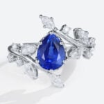 Pear Shaped Lab Sapphire Bypass Engagement Ring Nature-Inspired Bridal Ring in White Gold