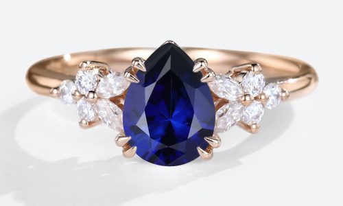 Sapphire Ring Cluster Pear Cut Lab Grown Sapphire Engagement Rings in rose gold