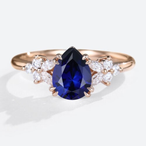 Sapphire Ring Cluster Pear Cut Lab Grown Sapphire Engagement Rings in rose gold