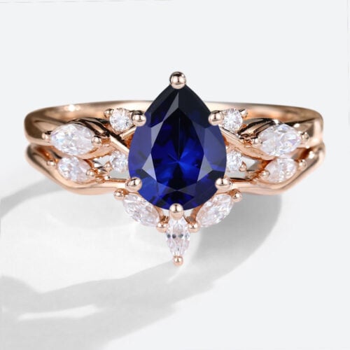 1.2ct Lab Grown Sapphire Rings Sets with Curved Wedding Band in Rose Gold