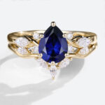 1.2ct Lab Grown Sapphire Rings Sets with Curved Wedding Band in Yellow Gold
