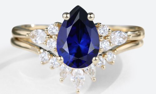 yellow gold 1.2ct Pear Shaped Lab Created Sapphire​ Ring Set with Diamond Curved Wedding Band