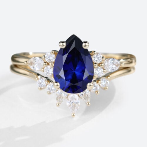 yellow gold 1.2ct Pear Shaped Lab Created Sapphire​ Ring Set with Diamond Curved Wedding Band