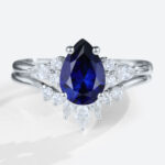 white gold 1.2ct Pear Shaped Lab Created Sapphire​ Ring Set with Diamond Curved Wedding Band