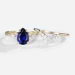yellow gold 1.2ct Pear Shaped Lab Created Sapphire​ Ring Set with Diamond Curved Wedding Band