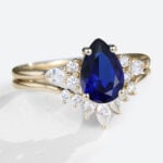 yellow gold 1.2ct Pear Shaped Lab Created Sapphire​ Ring Set with Diamond Curved Wedding Band