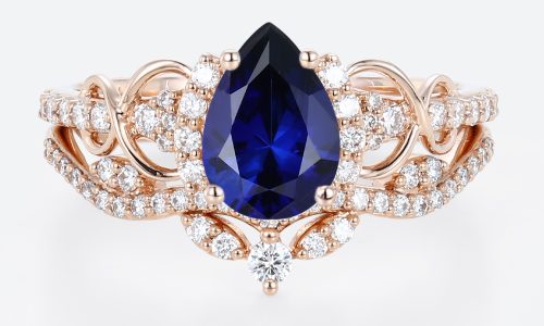 Pear Cut Lab Grown Sapphire Ring Set Pave Infinity Engagement Ring