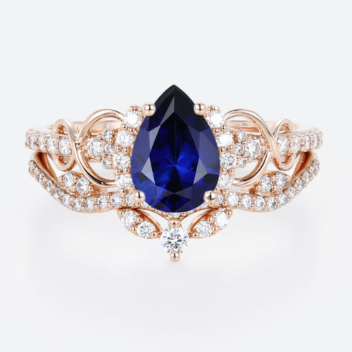 Pear Cut Lab Grown Sapphire Ring Set Pave Infinity Engagement Ring