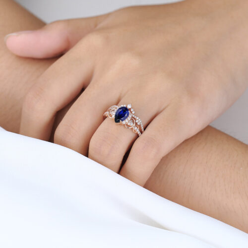 Pear Cut Lab Grown Sapphire Ring Set Pave Infinity Engagement Ring