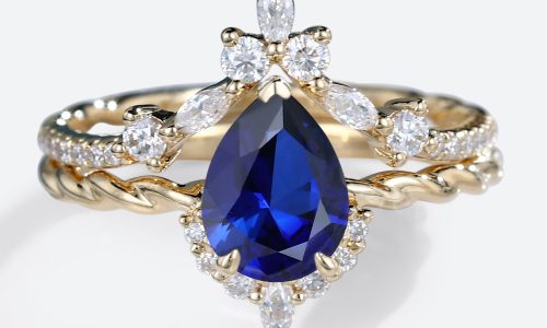 Sapphire Wedding Ring Sets​ Vintage Twisted Lab Sapphire Ring Set​ in Yellow Gold