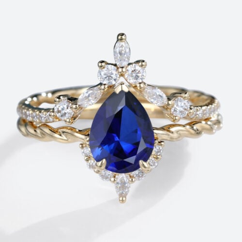 Sapphire Wedding Ring Sets​ Vintage Twisted Lab Sapphire Ring Set​ in Yellow Gold
