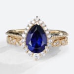 Yellow Gold Pear Shaped Lab Grown Sapphire Rings Vintage Halo Bridal Ring Set
