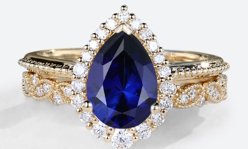 Yellow Gold Pear Shaped Lab Grown Sapphire Rings Vintage Halo Bridal Ring Set