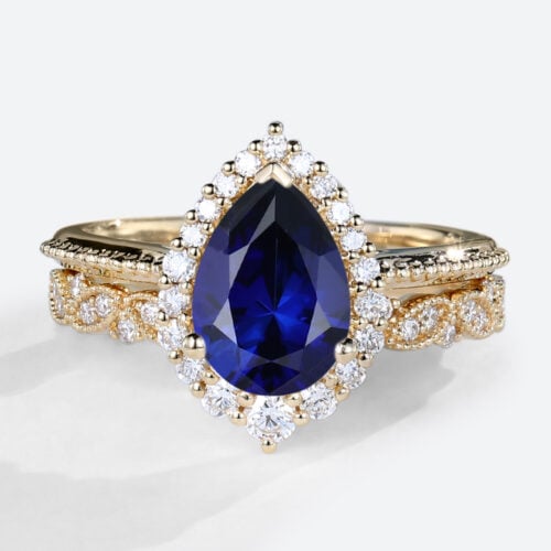 Yellow Gold Pear Shaped Lab Grown Sapphire Rings Vintage Halo Bridal Ring Set