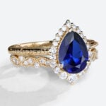 Yellow Gold Pear Shaped Lab Grown Sapphire Rings Vintage Halo Bridal Ring Set