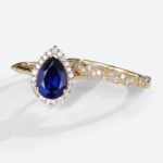 Yellow Gold Pear Shaped Lab Grown Sapphire Rings Vintage Halo Bridal Ring Set